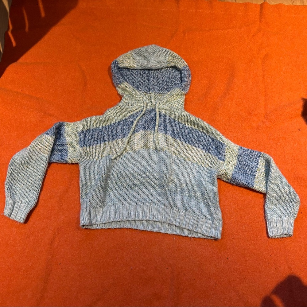 American Eagle Outfitters Marled Light Blue and Mint Hooded Knit Sweater